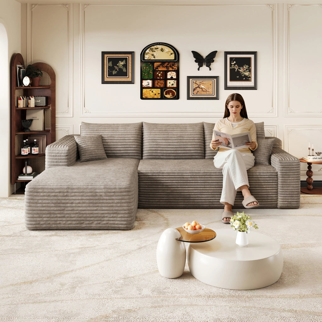 Divano angolare in tessuto con schiuma elastica e design ondulato senza montaggio camel 241 × 151 × 58 cm