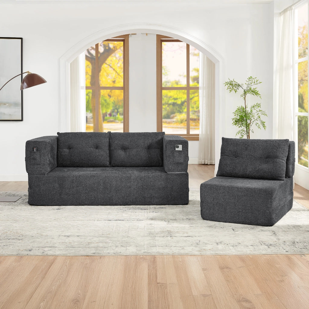 Divano modulare convertibile senza montaggio con tasche laterali in tessuto grigio scuro 199 × 194 × 39 cm