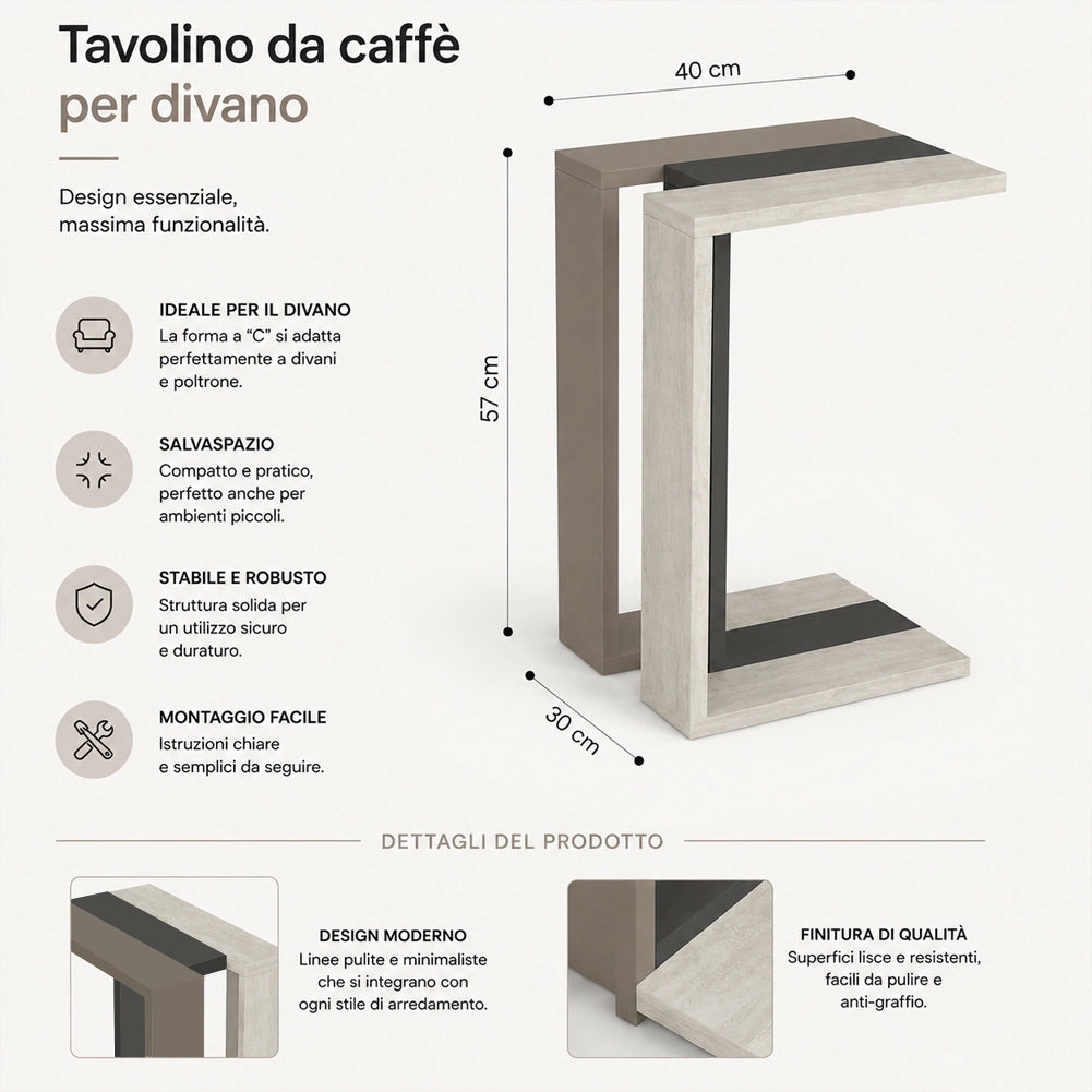 Tavolino Ausiliario Tavolo Mobile Design Moderno Antracite Bianco Antico Tortora