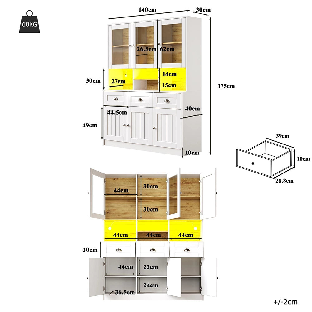 Credenza Cucina Alta 140x40x175cm - Xylo - Luci LED RGB Regolabili, Bianco/Nero