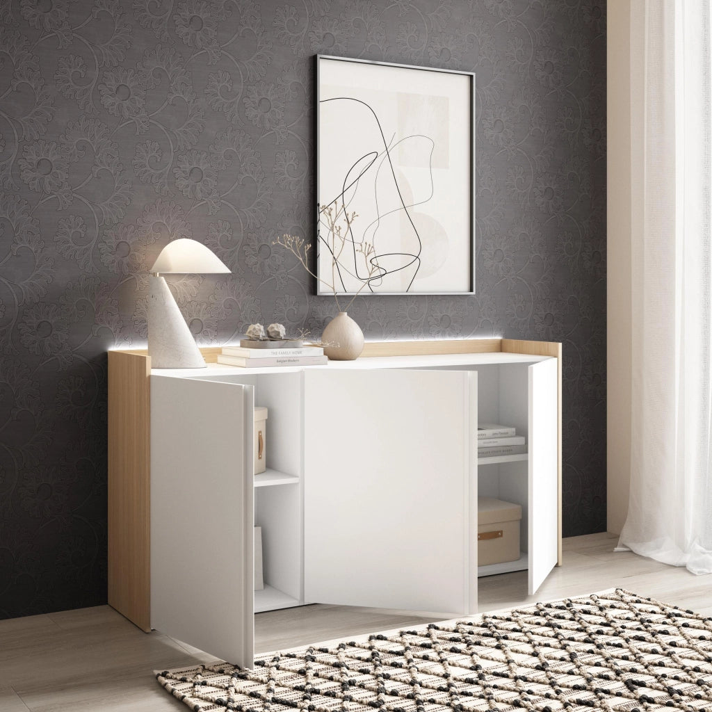 Credenza, Mobile, Cucina, 156x80x35 cm, 3 Porte, LED, Bianco e Rovere soft