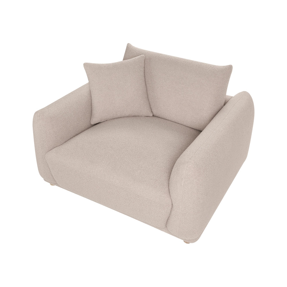 Poltrona beige in bouclé con rivestimento in tessuto e gambe in legno massello, per il soggiorno, con braccioli, in stile moderno
