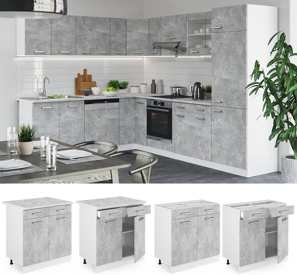 Mobiletto base per cucina R-Line, Calcestruzzo, 80 cm, PL Marmo, per la libera combinazione all'interno di sistemi cucina modulari