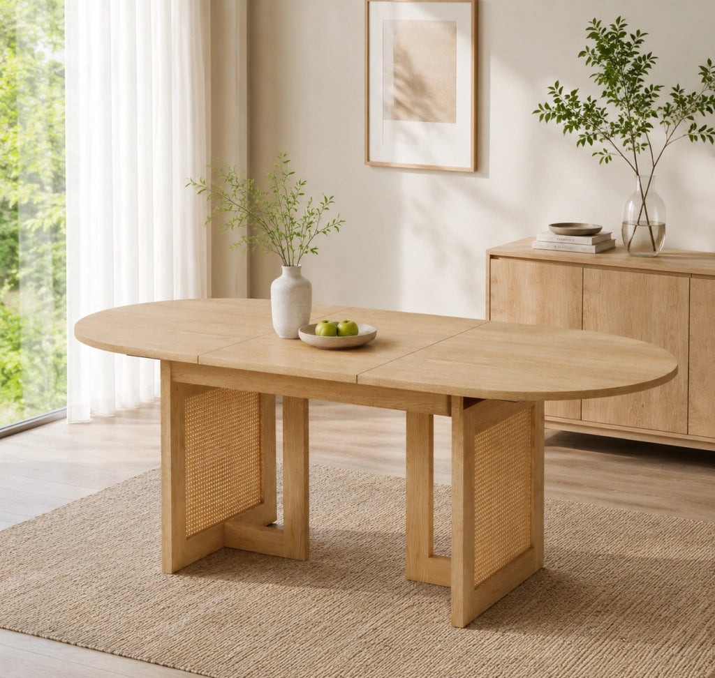 Tavolo da pranzo allungabile per 6-8 persone con bordi arrotondati, gambe effetto rattan, in MDF, rovere
