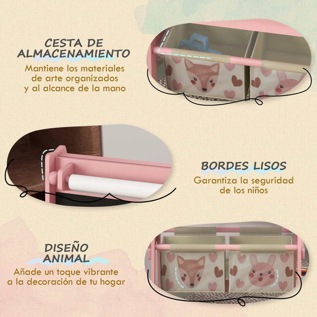 Cavalletto per Bambini 3 in 1 ¨C Xylo ¨C Doppia Faccia con Rotolo Carta e 2 Cestini, Rosa 54x46,5x93cm