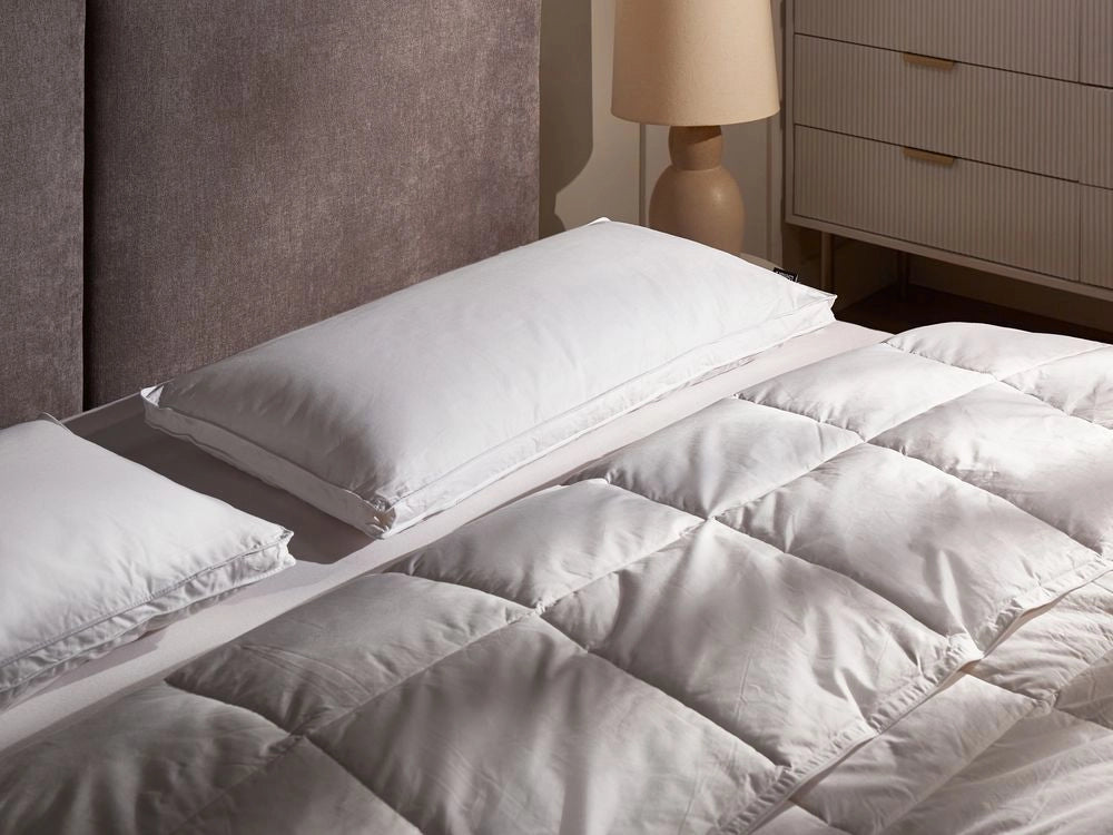 Set di 2 cuscini da letto guanciali in cotone bianco piumino d'anatra e piume 40 x 80 cm medio morbido