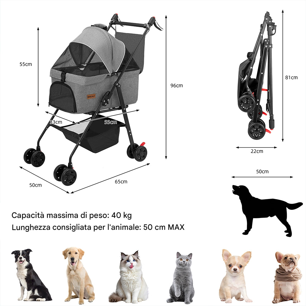 Passeggino Animali Domestici Cestello Rimovibile Carrozzina Cani Gatti Grigio