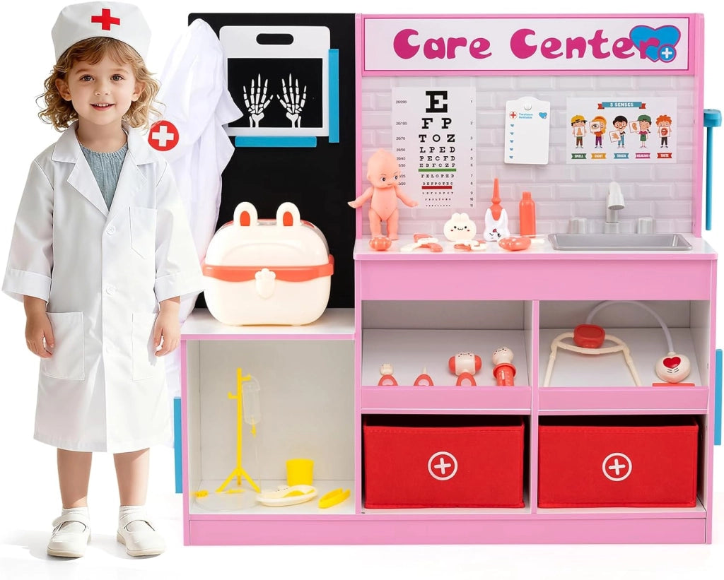 Set Gioco Dottore per Bambini, Gioco di Ruolo Medico in Legno con Stetoscopio, Radiografie, Monitor ECG, Tabella Oculistica e 29 Accessori, Medico Giocattolo per Bambini 3+ Anni (Rosa)