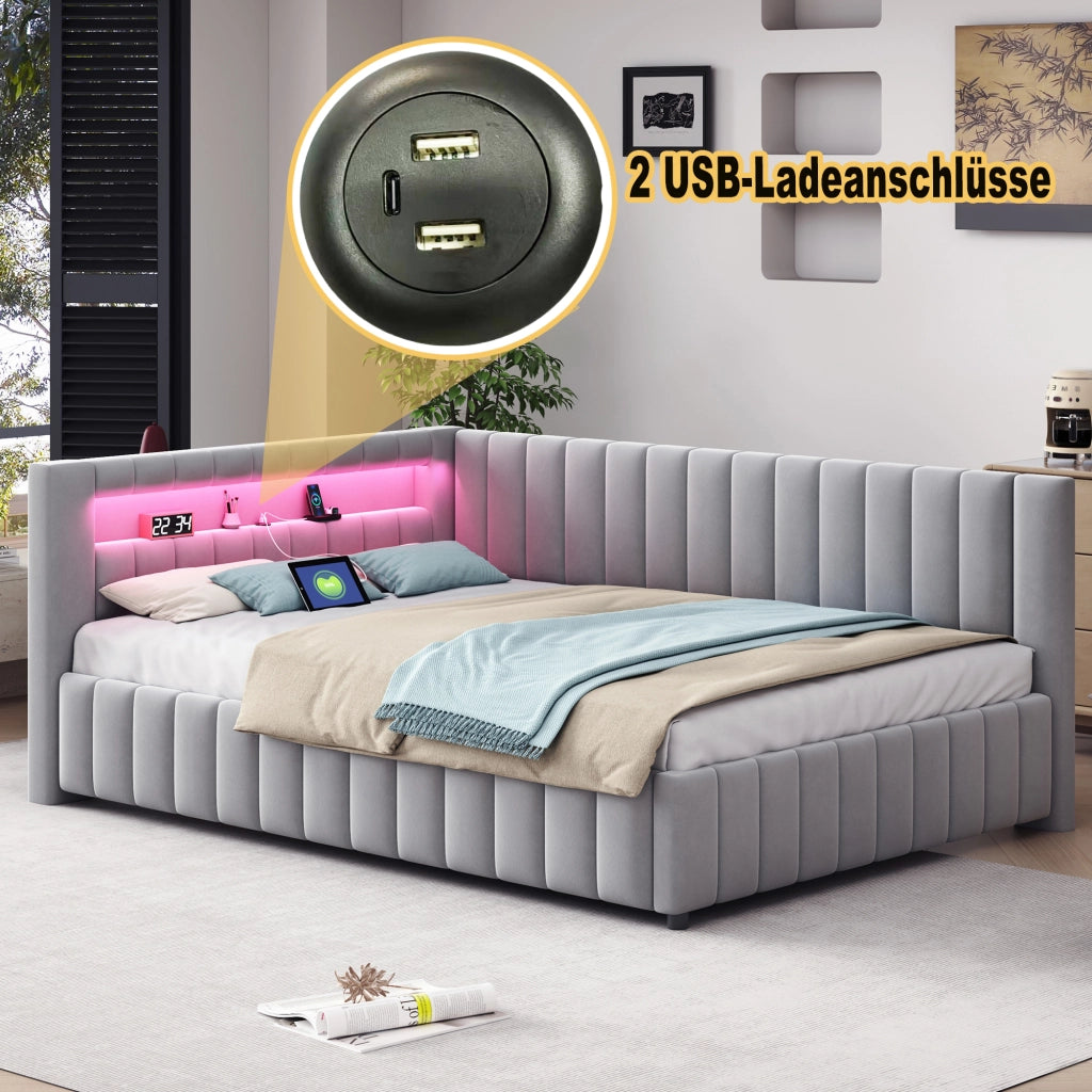Letto divano imbottito in velluto grigio 140x200 cm