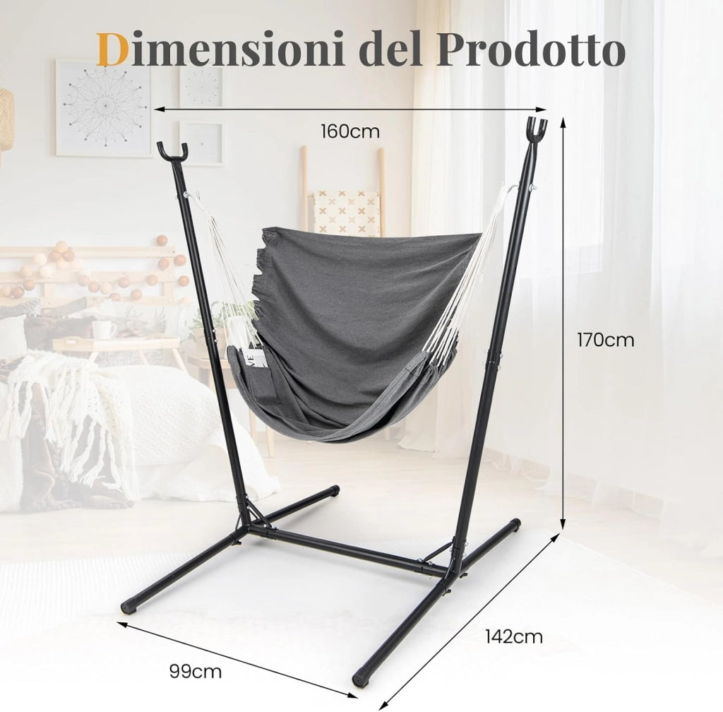 Sedia Amaca con Supporto, Sedia a Dondolo Robusta con Altezza Regolabile a 6 Posizioni, Poltrona Sospesa per Interni ed Esterni, Portata 120 kg