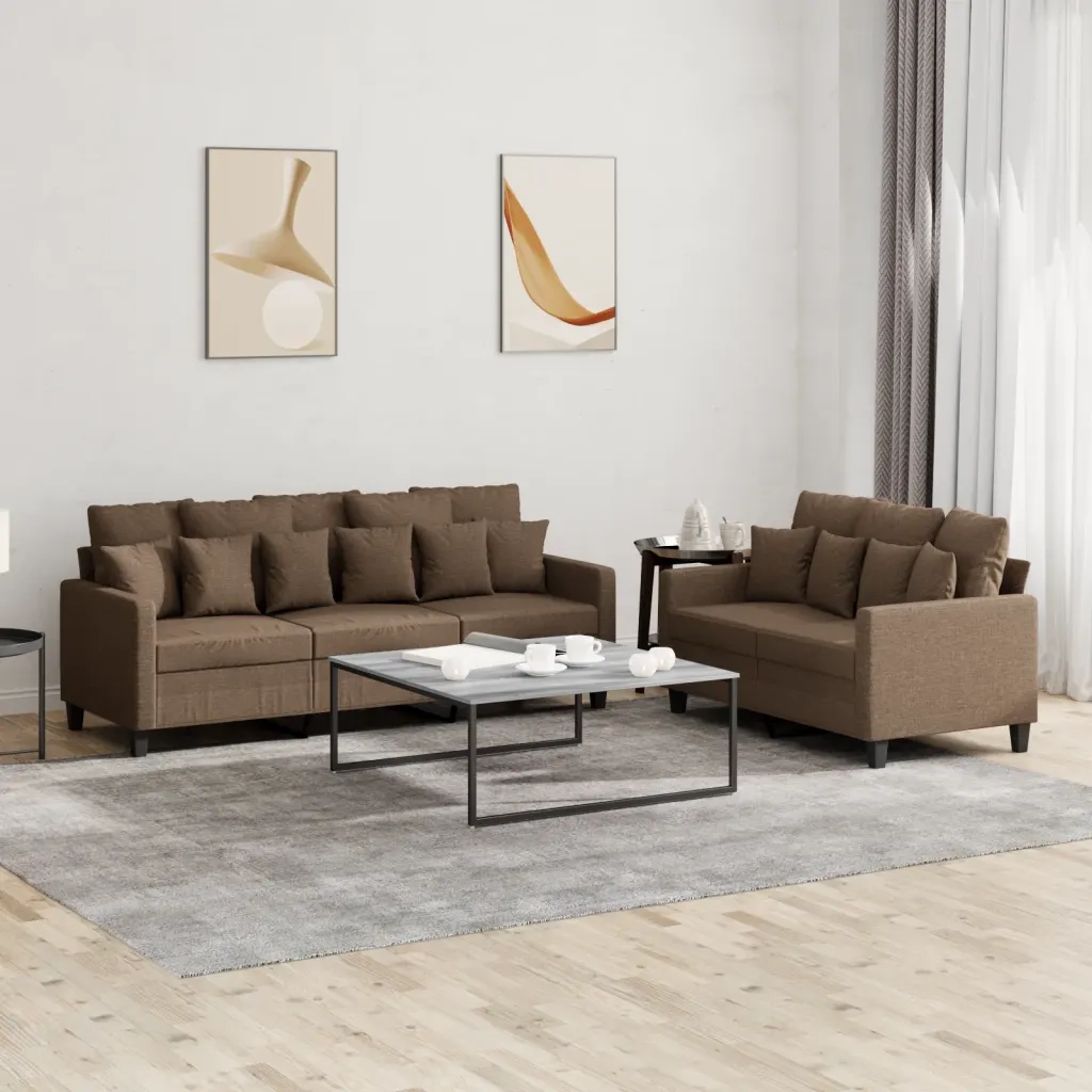Set di Divani 2 pz con Cuscini Marrone in Tessuto