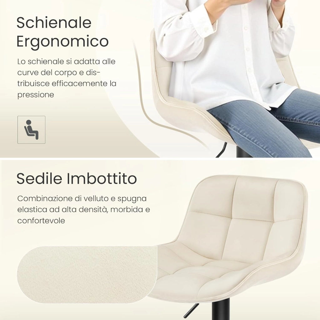 Set di 4 Sgabelli da Bar Moderni, Sgabelli da Cucina con Schienale e Poggiapiedi, Sedie Alte Girevoli e Regolabili con Seduta Imbottita in Velluto, Altezza Sedile, Crema
