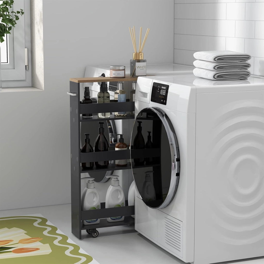 Carrello per Nicchia con Ruote, 4 Livelli，Carrello di Servizio Stretto Salvaspazio, da Bagno, Scaffale da Cucina Sottile 47,5 x 13 x 80,5 cm (Naturale+Grigio, Largo 13 cm)