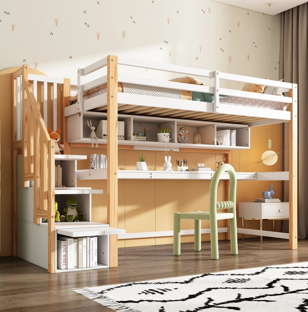 Letto a soppalco per bambini con scrivania, scaffali e scala contenitore 90x200 cm
