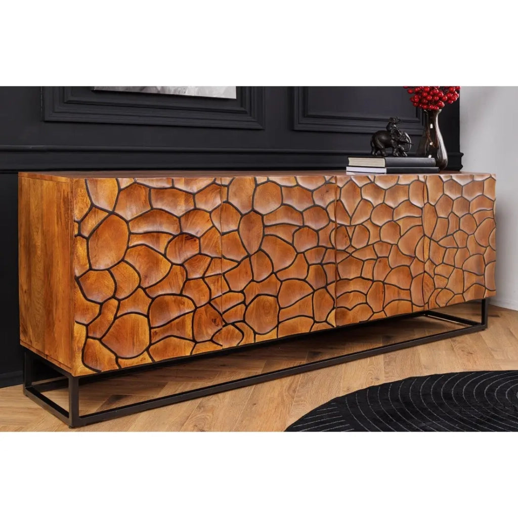 Buffet TERRAKAN 180 cm – Legno Massiccio di Mango Marrone – Facciata Scultorea 3D