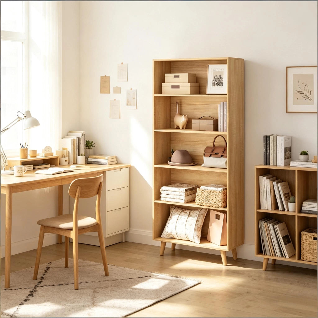Libreria con 5 vani aperti e struttura stabile per soggiorno e studio in legno massiccio rovere chiaro 60 × 24 × 144 cm