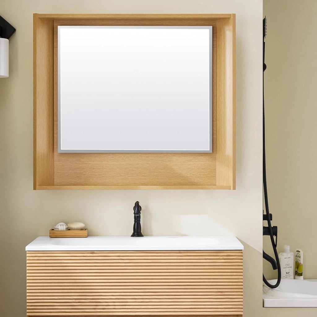 Set arredo da bagno Specchio a parete+ Mobile lavabo Naturale BZR198-N