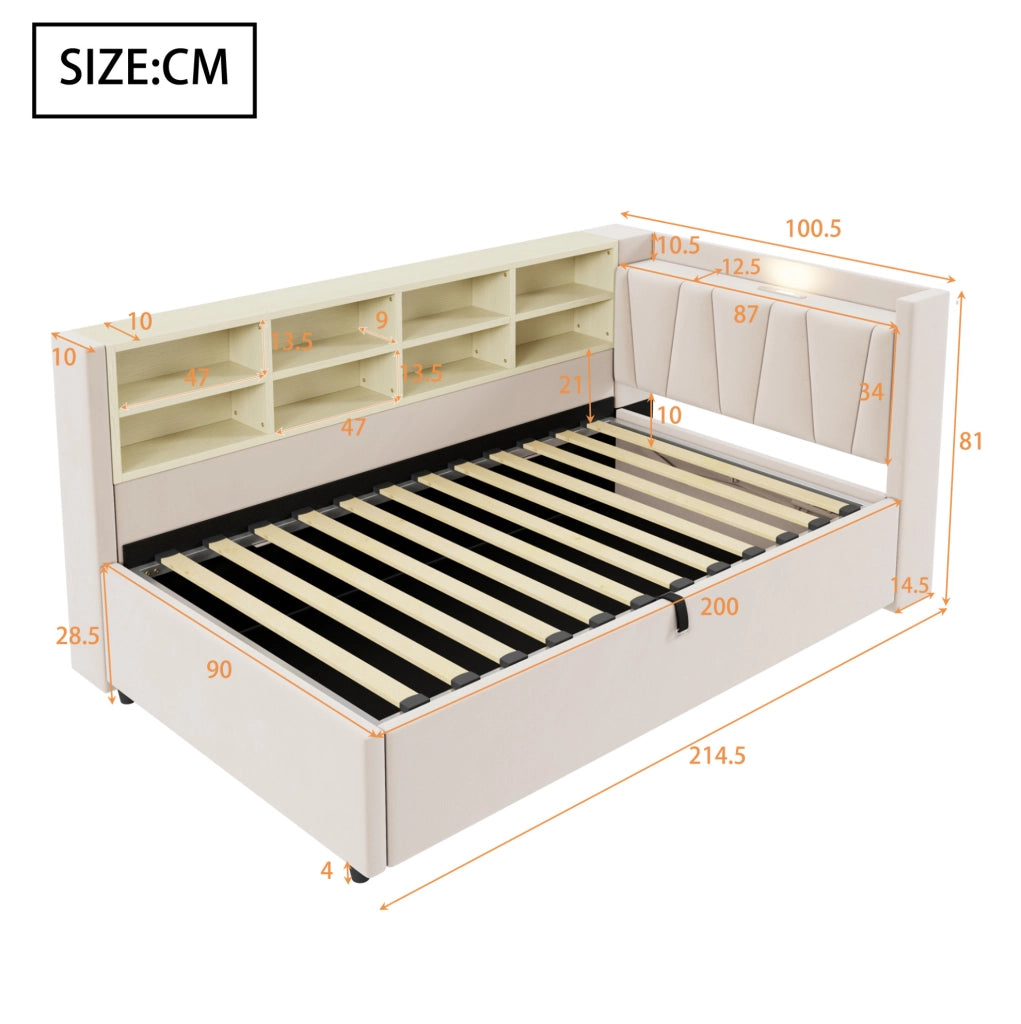 Letto imbottito multifunzione 90x200 cm in velluto beige