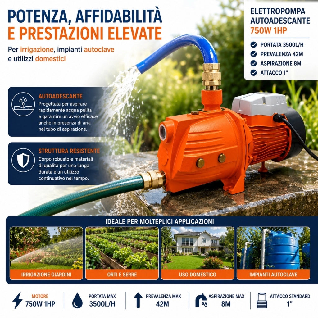 Elettropompa Autoadescante Pompa Autoclave 750W 1HP 3500L/H Acqua Pulita VG12152