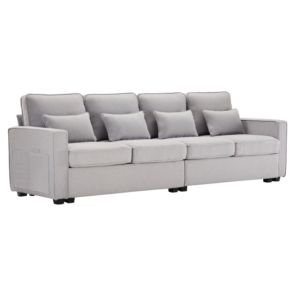 Divano 4 posti 264x83x87 cm con tasche portaoggetti e 4 cuscini in lino grigio