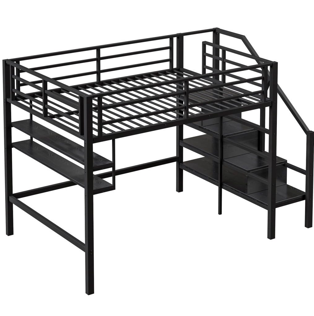 Letto a soppalco ULEVR 140x200 cm con ripiani, scala contenitore e sponde di sicurezza, nero