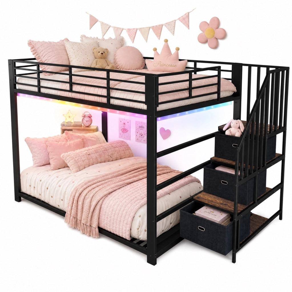 Letto a castello 140 x 200 cm in MDF e metallo con scala reversibile; LED e prese USB; nero