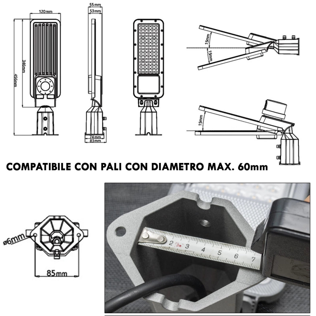 Faro armatura stradale IP65 LED 50W illuminazione pubblica viali parchi inclinabile 90 gradi luce naturale 4000K 230V