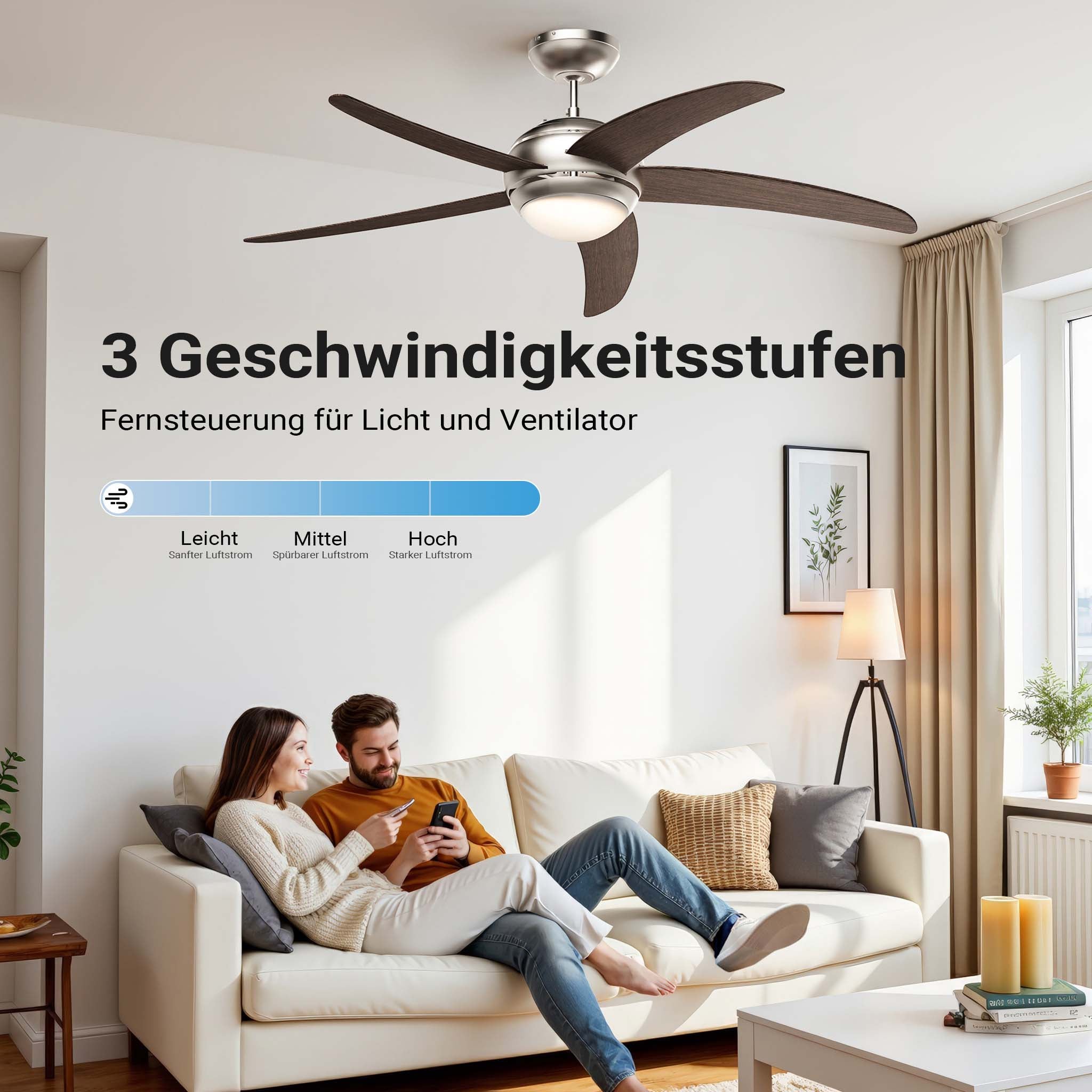 Ventilatore da soffitto Ø 136 cm con 5 pale, lampadario ventilatore con 3 velocità, telecomando, timer, modalità estiva e invernale, 70 W