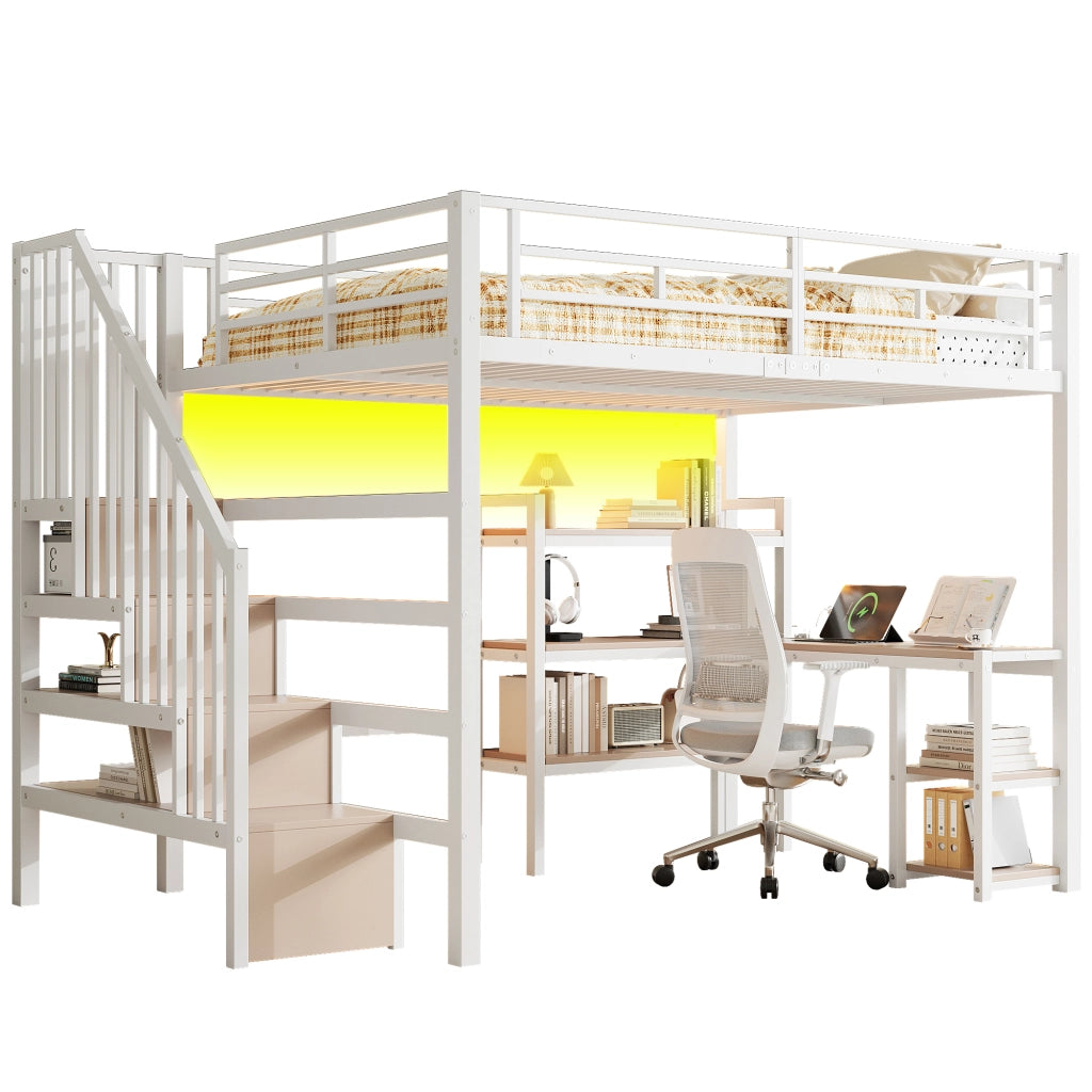 Letto a soppalco in metallo 140x200 cm con scrivania integrata; scale e LED; bianco