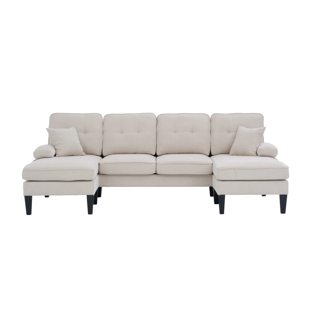 Divano a U a 4 posti con due chaise longue; tessuto in lino beige; 250x130x88 cm