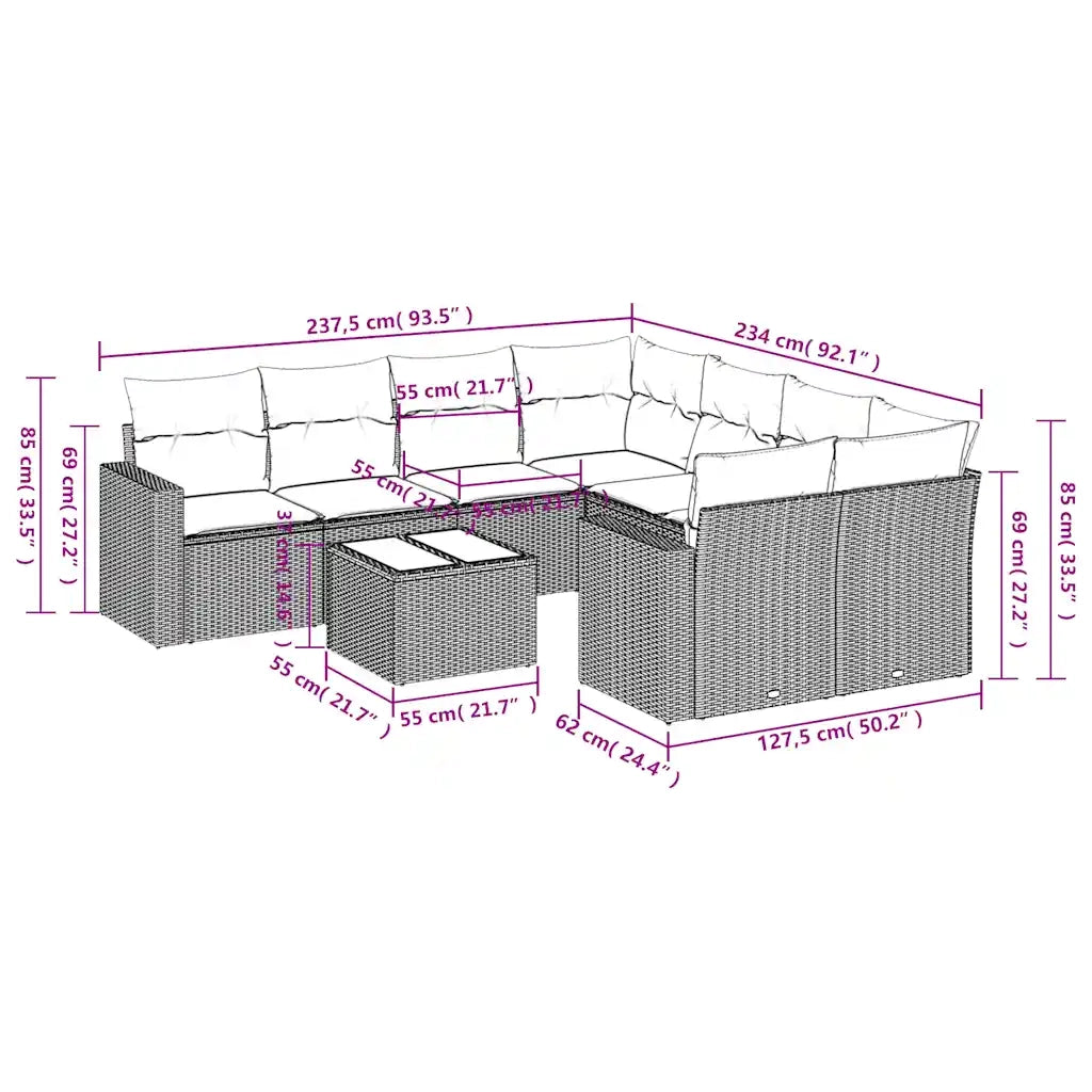 Set Divano da Giardino 9 pz con Cuscini Grigio in Polyrattan