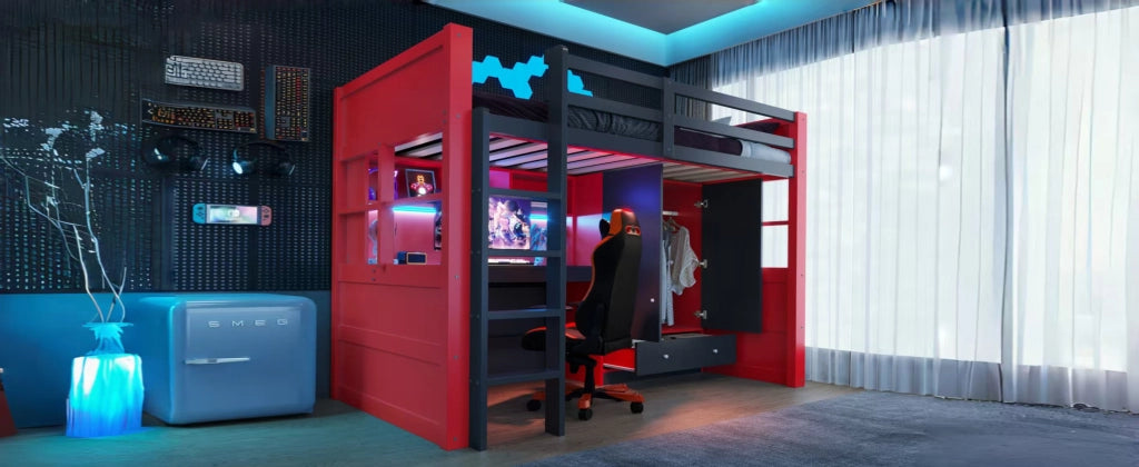 DESMIU Litto a soppalco 90 × 200 cm con scrivania, ripiani, LED e prese, senza materasso, in legno nero e rosso