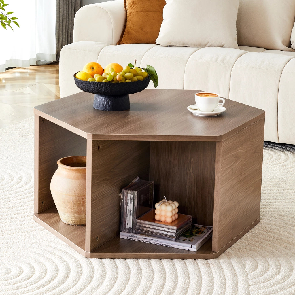 Tavolino da caffè esagonale con montaggio rapido - per soggiorno - 79x69.4x40 cm - in MDF - marrone