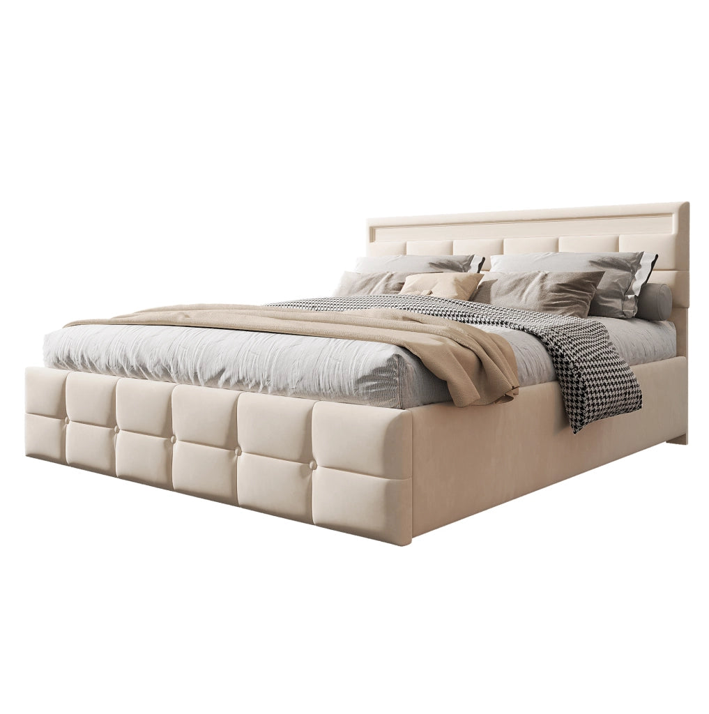 Letto imbottito 180x200 cm con LED; contenitore idraulico e rete a doghe; beige