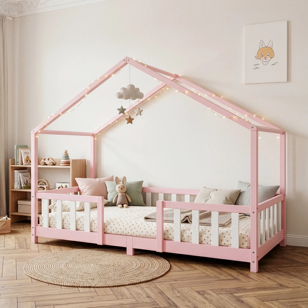 Letto per Cameretta Treviolo a Forma di Casetta in Stile Montessori 90x200 cm Rosa/Bianco [en.casa]
