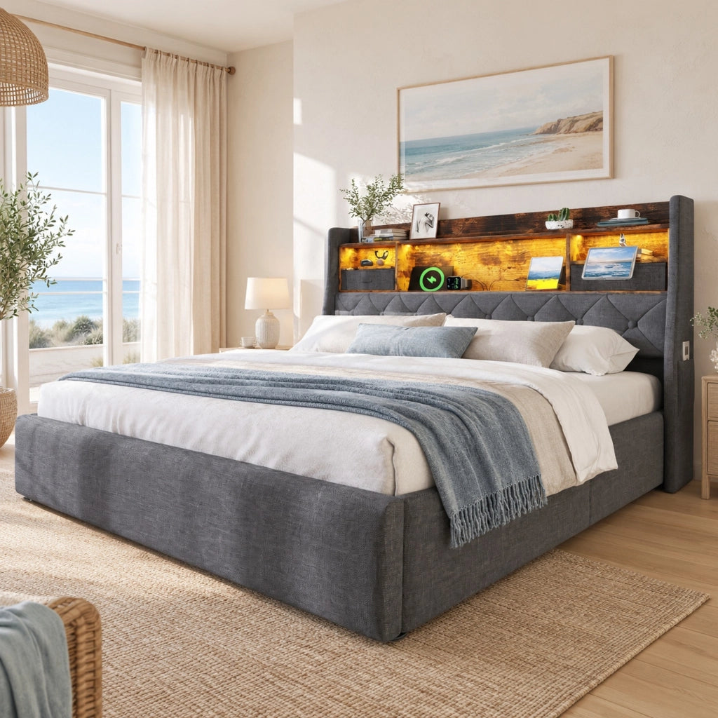 Letto contenitore idraulico 140 × 200 cm con LED; USB e Type-C; tessuto di lino grigio