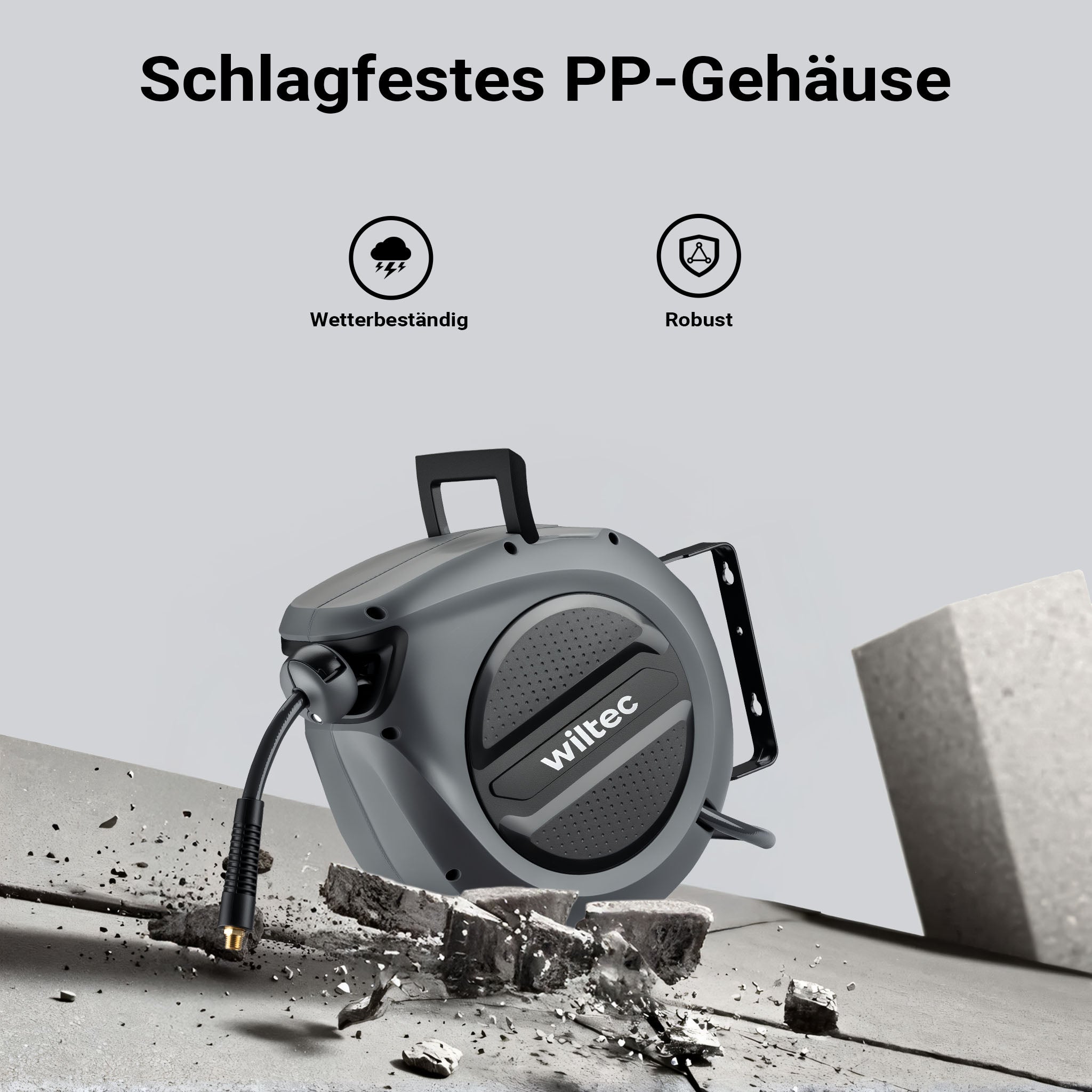 Avvolgitubo automatico per aria compressa 15 m, avvolgitubo in acciaio, 17 bar, con supporto girevole a 180°