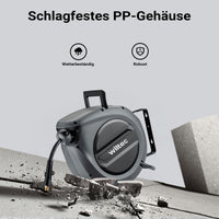 Avvolgitubo automatico per aria compressa 15 m, avvolgitubo in acciaio, 17 bar, con supporto girevole a 180°