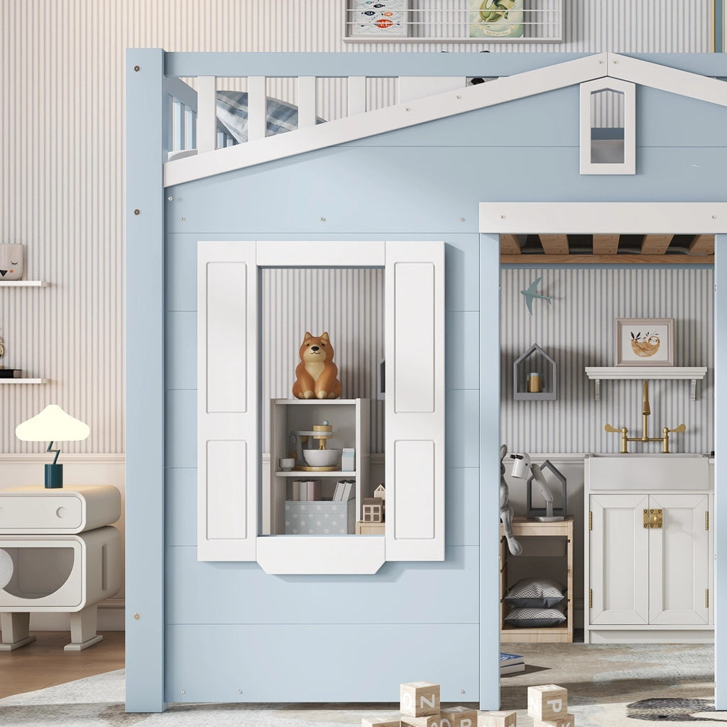 LETTO a soppalco per bambini 90x200 cm in pino e MDF bianco/blu