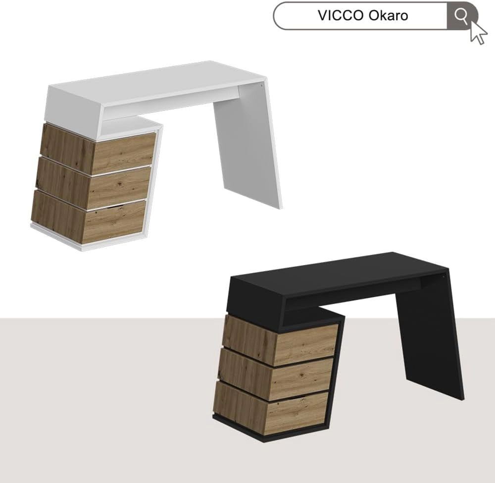 Scrivania Okaro, Antracite/quercia, 105 x 50 cm con 3 cassetti, adatto come postazione di lavoro per home office o camera dei ragazzi