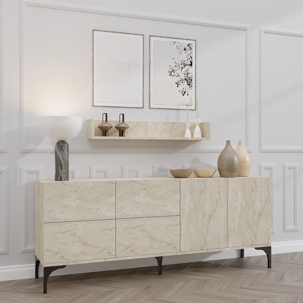 Credenza in legno con mensola a muro "Stella" - 180 x 40 x 55 cm - Travertino