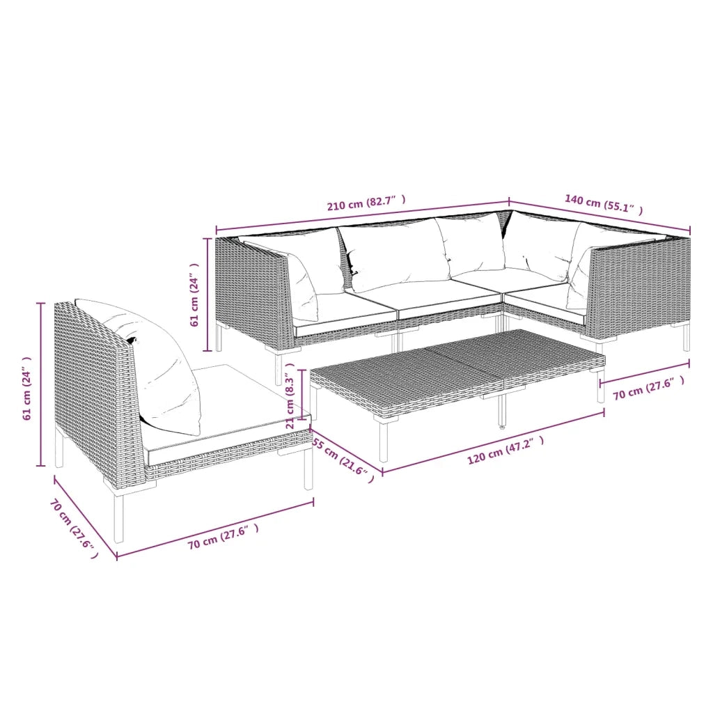 Divani da Giardino 6 pz con Cuscini in Polyrattan Grigio Scuro 3099853
