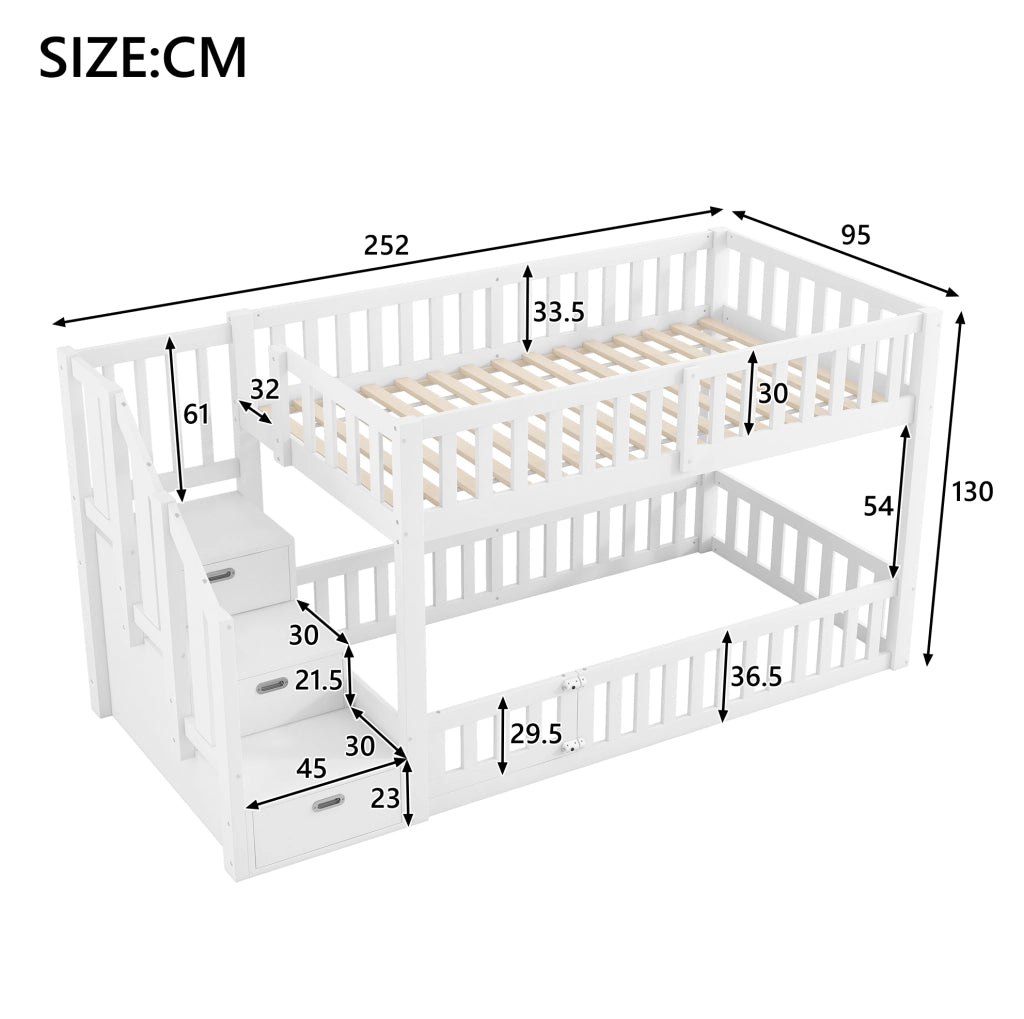 Letto a castello 90x200 cm con scala; sponde e portello in MDF e pino bianco