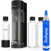 Aeratore Logan Starter Set con cilindro CO₂, con 2 bottiglie di vetro (850 & 600 ml) e 1 bottiglia in PET (850 ml), colore nero opaco, altezza 42,6 cm