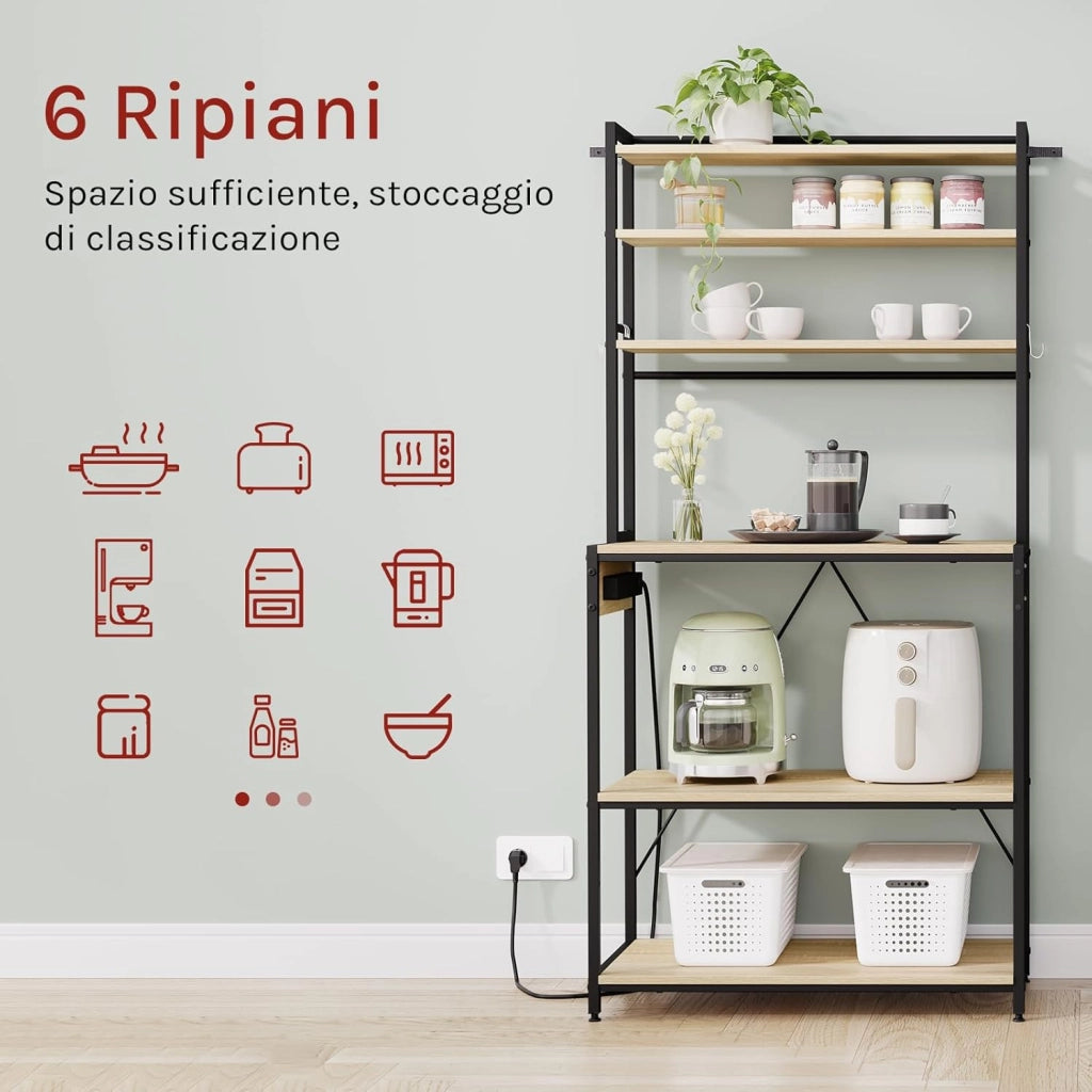 Scaffale da Cucina a 6 Livelli con Prese di Corrente, Scaffale per Microonde con Struttura in Metallo e Piano di Lavoro Aperto, Nero+Rovere Chiaro, 80x39,5x167cm