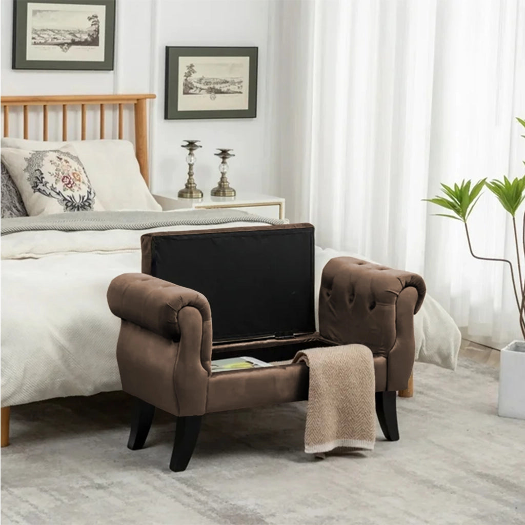 Divanetto In Velluto Panca Contenitore Pouf PortaOggetti Panca Sgabello A Pie Di Letto Cassapanca Ingresso Legno Massello Panchina - Testa di moro