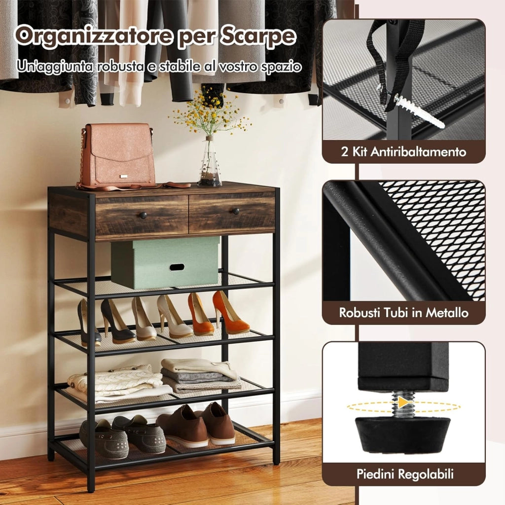 Set Appendiabiti con Scarpiera, Scarpiera a 5 Ripiani con Appendiabiti da Muro, Organizzatore per Scarpe con Ganci Cassetti e Mensole, per Ingresso Camera da Letto