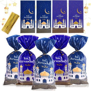 Pacchetti di festa tema Ramadan 100 pezzi - pacchetti di regalo Eid Mubarak stampati con disegno - confezione di cellofan e plastica con cordoncini con elastico - imballaggio di regalo da riempire