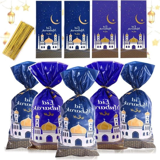Pacchetti di festa tema Ramadan 100 pezzi - pacchetti di regalo Eid Mubarak stampati con disegno - confezione di cellofan e plastica con cordoncini con elastico - imballaggio di regalo da riempire