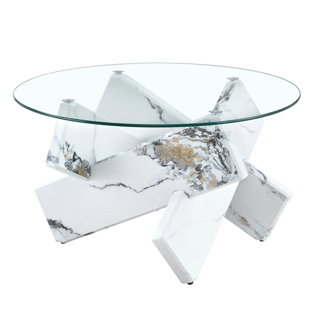 TAVOLO DA CAFFÈ ROTONDO 79 cm MDF E VETRO TRASPARENTE BIANCO